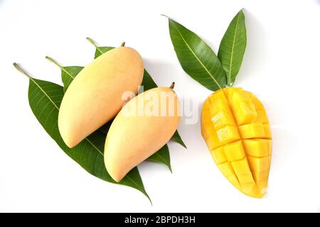 Mango fruit with mango cubes and slices. Isolated on a white background. Perfect ripe mango fruit. Selected focus Stock Photo