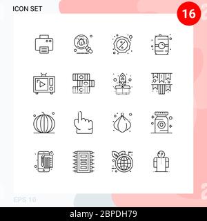 Group of 16 Modern Outlines Set for water, food, search, drink, holding Editable Vector Design Elements Stock Vector