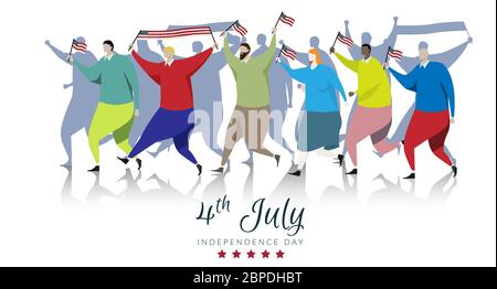 American people participants carrying the America flag waved while Fourth of July parade. vector background banner for independence day celebration is Stock Vector