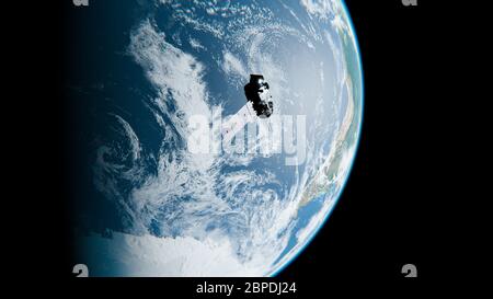 Satellite Orbiting Earth above Clouds near Antarctica in Space - NASA Satellite ICESat-2 Craft - 3D Rendering Stock Photo