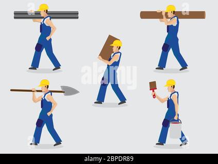 Set of five vector illustrations of cartoon construction worker character carrying tools and building materials on shoulders isolated on plain backgro Stock Vector