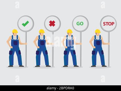 Set of four vector illustrations of cartoon construction worker character holding traffic sign posts with different symbols and messages isolated on p Stock Vector