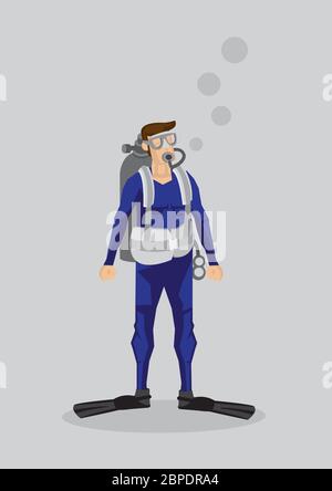 Vector illustration of a scuba diver character in diving suit, swimming fins and oxygen tank isolated on plain background. Stock Vector