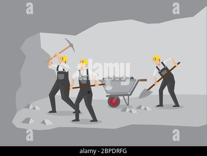 Cross section of underground tunnel showing miners at work with mining equipment. Cartoon vector illustration for mining industry. Stock Vector