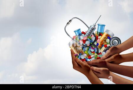 Social medicine concept and supportive medical help as a group of diverse hands holding pills and hospital equipment as a metaphor for supporting.