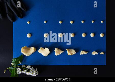 Top view of pieces of white milk chocolate spread out on a blue and black background and a sprig of white spring flowers. Stock Photo