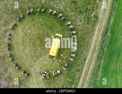 Briesen, Germany. 18th May, 2020. In the circle are hives (bee boxes, where the honeycombs are hung) from the beekeeping Bernd Janthur and Martin Müller GbR on a meadow in the Oder-Spree district (aerial photo with a drone). May 20th is UN World Bee Day, thus the world community underlines the urgent protection of bees. The importance of bees as pollinators for biodiversity and food security is elementary for mankind. A bee colony consists of a queen, several hundred drones and 30,000 to 60,000 worker bees - in summer up to 120,000. Credit: Patrick Pleul/dpa-Zentralbild/ZB/dpa/Alamy Live News Stock Photo