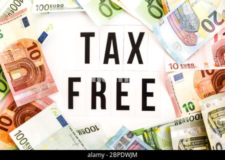 Euro Money Frame with TAX Free word iscription inside on white background, Banknote european cash. Falling money, Tax free sign Stock Photo