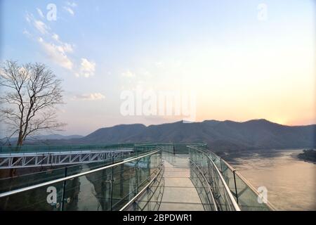 Beautiful Glass sky walk at Viewpoint new landmark Thailand skywalk, at Phra Yai Phu Khok Ngio Chiang Khan district, Loei Province, Mekong river Thail Stock Photo