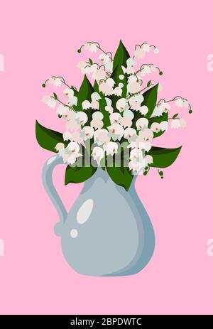 Vector flat illustration with spring flowers, bouquet of white cute lilies of the valley in vase on a pink Stock Vector