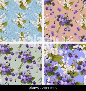 Set of floral seamless patterns with spring flowers. Cute vector illustration Stock Vector