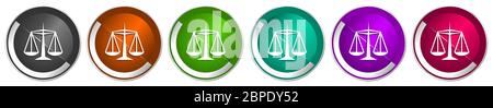 Justice icon set, silver metallic chrome border vector web buttons in 6 colors options for webdesign Stock Vector