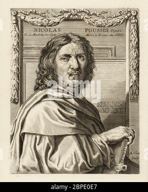 Portrait of Nicolas Poussin, leading painter of the classical French Baroque style, 1594-1665 He holds a book with De. Lum. Et. Umb. on the spine, Leonardo da Vinci’s De lumine et umbra. Copperplate engraving by Albertus Clouwet after a self portrait by Poussin, published by Michel Odieuvre in the 17th century. Stock Photo