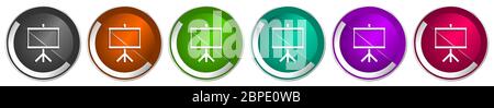 Board icon set, school, education, presentation silver metallic chrome border vector web buttons in 6 colors options for webdesign Stock Vector