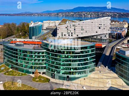 New buildings in the Secheron district in front of Lake Geneva, Geneva, Switzerland Stock Photo