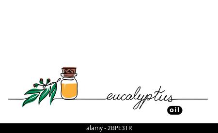 Eucalyptus aroma oil in the glass bottle. Gum-tree leaf, brunch. Vector one continuous line drawing background of eucalyptus Stock Vector