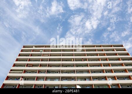 Hoyerswerda, Germany. 18th May, 2020. A prefabricated apartment building in the city of Hoyerswerda. The city is located near the border to the federal state of Brandenburg. Since the end of the Second World War, the city grew to more than 70,000 inhabitants due to the settlement of the mining industry until the peak in the late 1980s. Since the fall of the Berlin Wall, the population of the city has been shrinking continuously to around 32,000 in 2018. Credit: Daniel Schäfer/dpa-Zentralbild/Daniel Schäfer/dpa/Alamy Live News Stock Photo