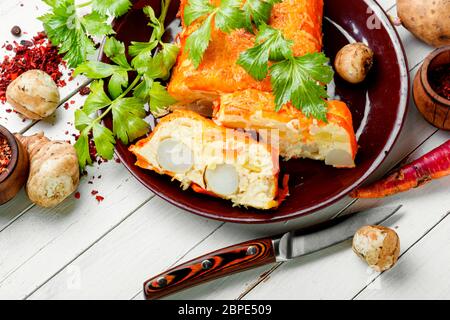 Homemade terrine with Jerusalem artichoke,carrots and potatoes.French cuisine Stock Photo