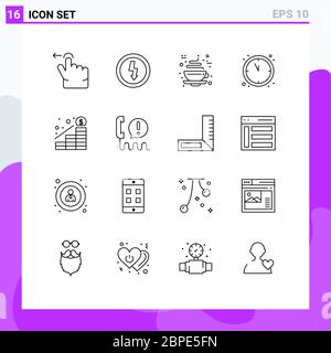 Mobile Interface Outline Set of 16 Pictograms of money, increase, coffee, growth, countdown Editable Vector Design Elements Stock Vector