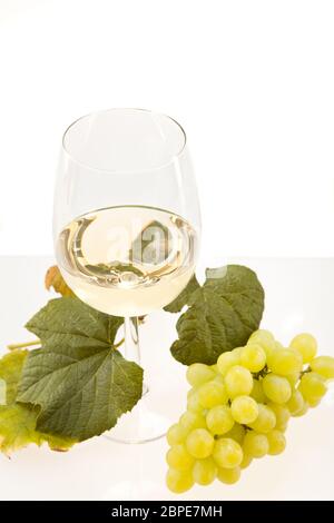 Weisswein im Glas mit Trauben vor weissem Hintergrund Stock Photo