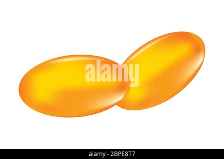 Oil capsule isolated on white background. Omega 3 fish oil, gel, drug, antibiotic, cosmetic gold capsule or pill icon. Realistic serum droplet. Vector Stock Vector