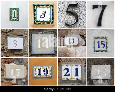 Collage of odd house numbers from 1 to 23 Stock Photo