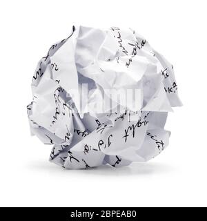 Paper ball shape - Crumpled sheet of free hand script writing paper isolated ., A screwed up piece of paper in round shape., Junk paper can be recycle Stock Photo
