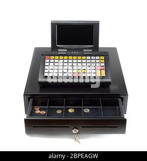 A modern cash register on a white background. Drawer is open. Stock Photo