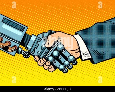 Handshake of robot and man. New technologies and evolution pop art retro style. Robotics. Computers and gadgets. E-business. Stock Photo