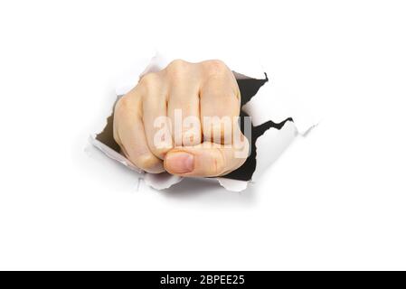 punching hole through paper wall with fist punch break through the paper wall fist coming out the paper hole isolated on white background 2bpee25