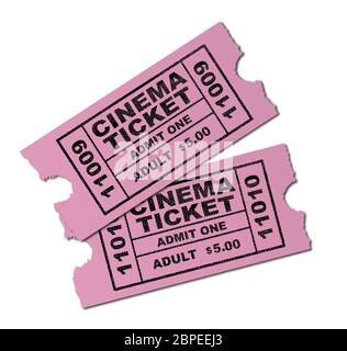 Two pink cinema tickets ro admit one adult isolated on a white background Stock Photo