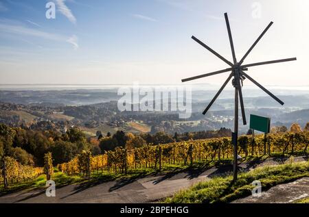 Klapotetz windmill on Schilcher wine route in western Styria in Austria, Europe Stock Photo