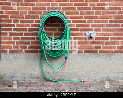 Green Garden Water Hose Hanging on Red Brickwall. Not connected to Water Tap. Stock Photo