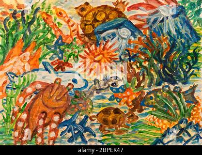 Underwater landscape with coral reef. Abstract acrylic painting. Stock Photo