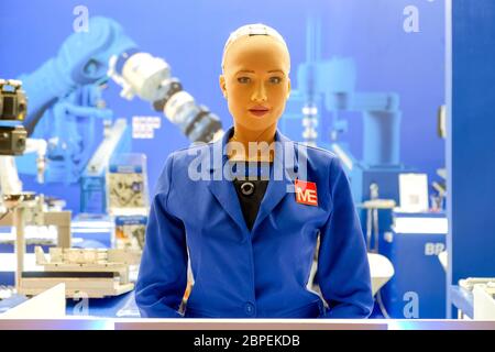 Bangkok-Thailand JUN 22 2018: Sophia robot on blue engineer shirt, she has came show in Manufacturing Expo at Bitec Bangna, Thailand Stock Photo