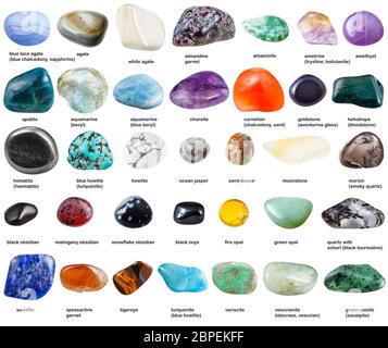 various polished gemstones with names isolated on white background Stock Photo