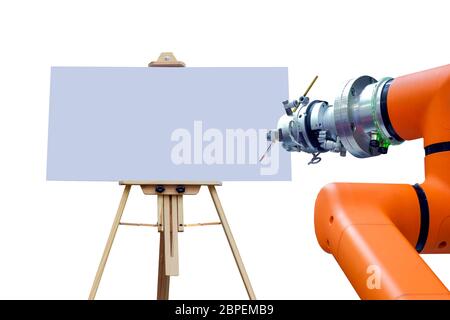 Close-up of an industrial robot it's installed a brush for paint on an empty plastic sheet rests on a drawing stand, isolated on white background Stock Photo