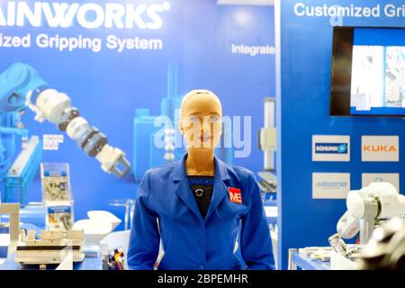 Bangkok-Thailand JUN 22 2018: Sophia robot on blue engineer shirt, she has came show in Manufacturing Expo at Bitec Bangna, Bangkok,Thailand Stock Photo