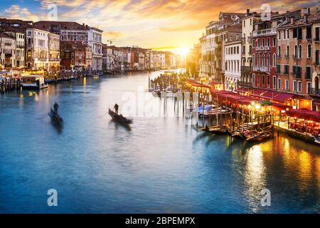 famous grand canale from Rialto Bridge at blue hour, Venice, Italy Stock Photo