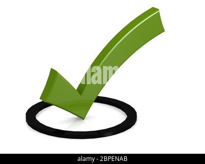 Green tick in the black round box, 3D rendering Stock Photo