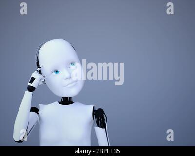 3D rendering of a robot child thinking about something. Bluish background. Stock Photo