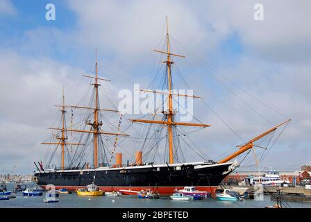 HMS Warrior moored at Portsmouth, Hampshire, England Stock Photo