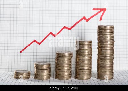 Increasing Piles Of Coins With Going Up Red Arrow On Square Pattern Background Stock Photo