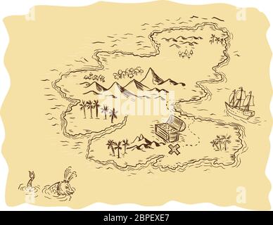 Treasure map hand drawn in watercolor. Antique map with islands ...