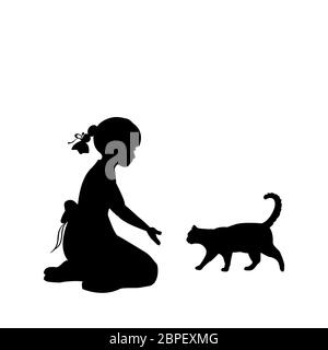 Silhouette girl sitting knees beckon cat. Vector illustration Stock Photo