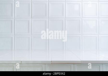 White ceramic oven tile background. Table like surface of vintage square bricks. Bright, modern interior design, brick pattern Stock Photo