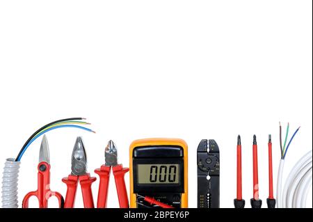 Close up of work tools for residential electrical installation isolated on white background. Space for text / announcement Stock Photo