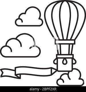 Hot air balloon with banner and clouds vector line icon for Hot Air Balloon Day on June5th. Stock Vector