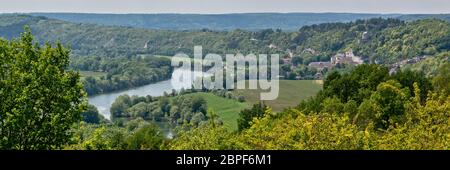 Panorama of a loop of the river Seine and the castle of La Roche Guyon in Vexin regional national park, Val d'Oise, Ile de France near Paris Stock Photo