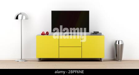 Led tv with empty screen on modern tv stand in the living room, front view Stock Photo